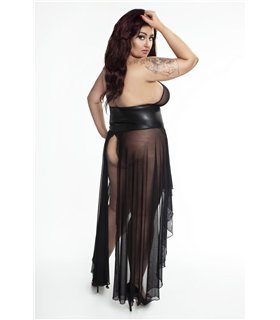 Langes elegantes Chemise mit Neckholder-Ausschnitt und Tüll-Overlay | Noir Handmade