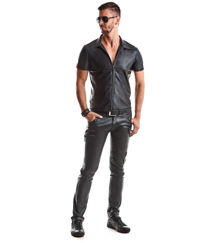 Wetlook-Poloshirt mit Reißverschluss und Ziernähten | Regnes Fetish Planet