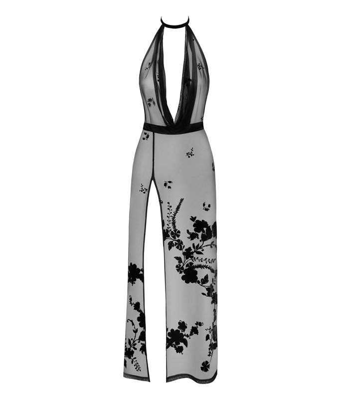 Langes transparentes Netzkleid mit Samtkragen und Beinschlitz | Noir Handmade