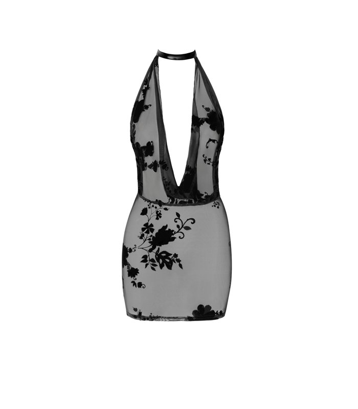 Netzkleid mit abnehmbarer Strasskette und Wildblockdruck | Noir Handmade