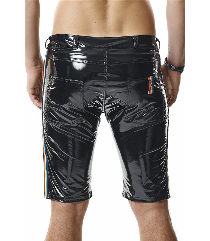 Herren Lack-Shorts mit Regenbogen-Akzent und Taschen | Regnes Fetish Planet