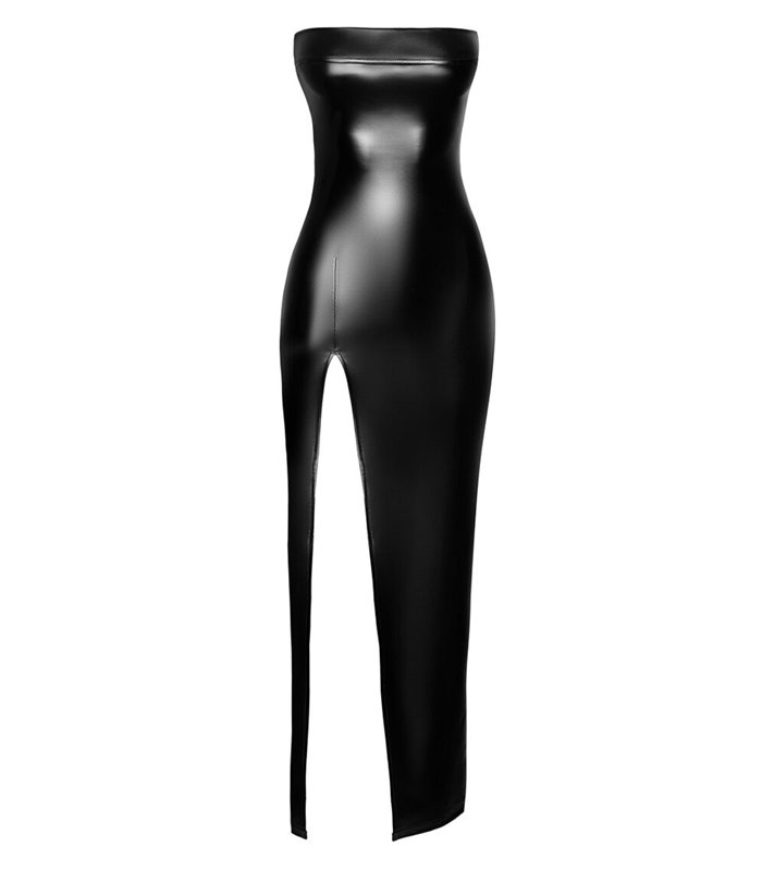 Langes Wetlook Kleid mit seitlichem Schlitz und Reißverschluss | Noir Handmade