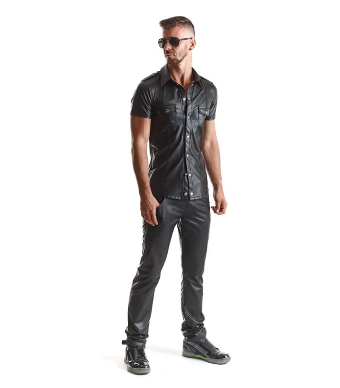 Herren Wet-Look Hemd mit Stehkragen und Metallknöpfen | Regnes Fetish Planet