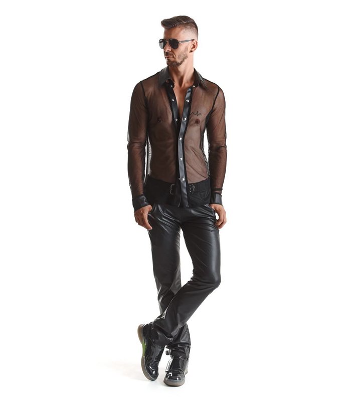 Herren Slim-Fit Hemd aus Wetlook-Mesh mit Metallknöpfen | Regnes Fetish Planet
