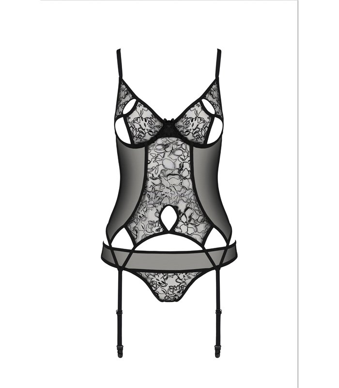 Transparentes Netz-Dessous-Set mit Strumpfhaltern und Bügel-BH | Passion