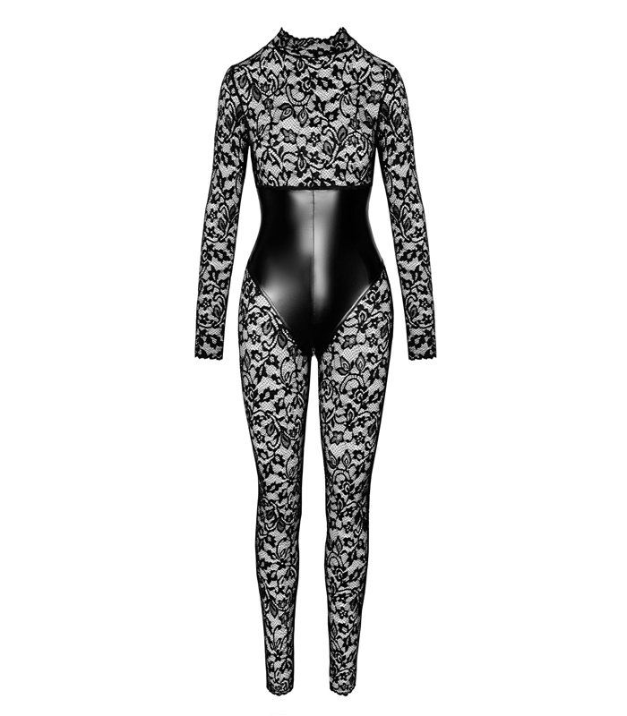 Langärmeliger Spitzen-Catsuit mit Wetlook-Unterbrustmieder | Noir Handmade