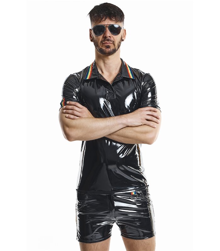 PVC Poloshirt mit Regenbogenfahne und Metallring | Regnes Fetish Planet
