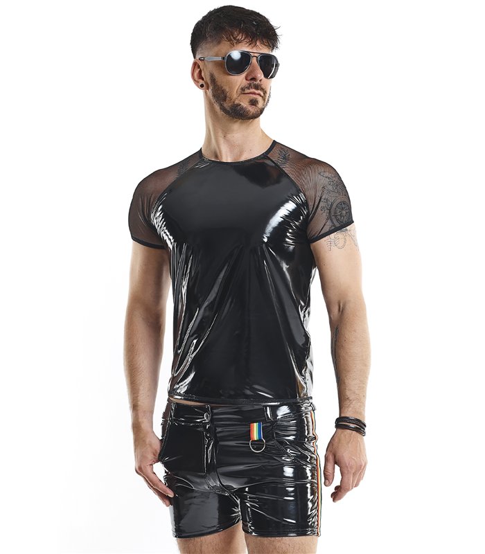PVC Mesh T-Shirt mit Regenbogen-Patch für Herren | Regnes Fetish Planet