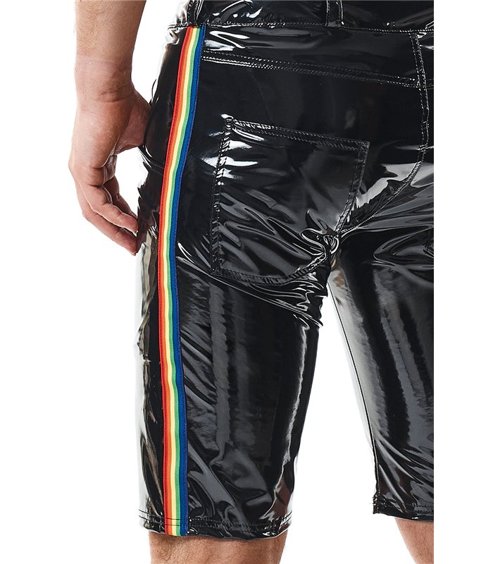 Herren Lack-Shorts mit Regenbogen-Akzent und Taschen | Regnes Fetish Planet