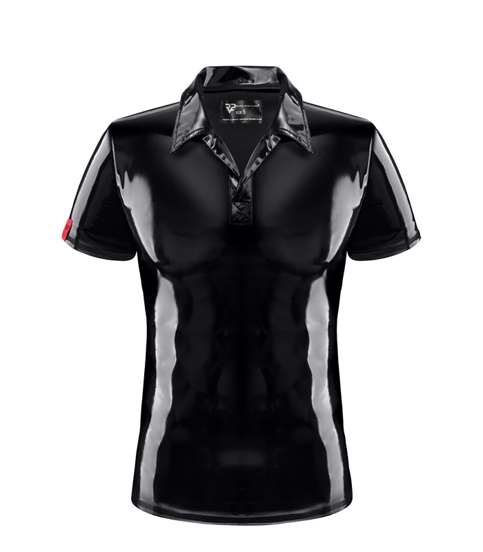 Poloshirt aus glänzendem Lack-Stoff mit vertikalen Designnähten | Regnes Fetish Planet