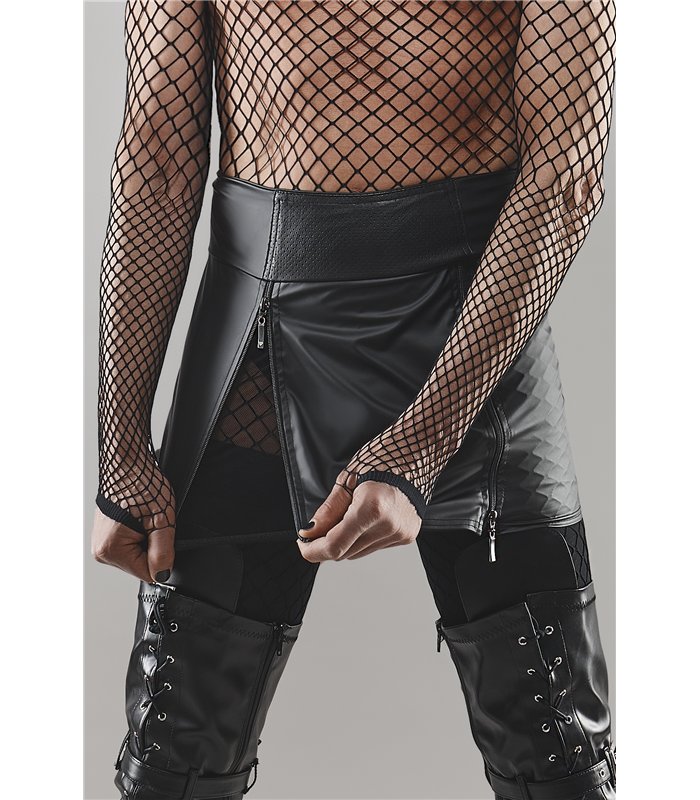 Wetlook-Minirock mit Reißverschlüssen und Metallringen | Regnes Fetish Planet