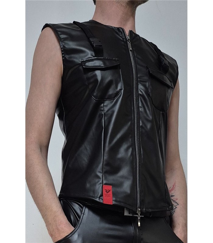Herren Wetlook Weste mit Reißverschluss und Taschen | Regnes Fetish Planet