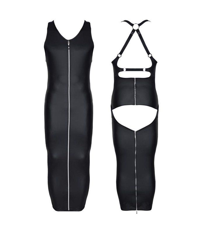 Langes Wetlook-Kleid mit Reißverschlüssen und Metallringen | Regnes Fetish Planet