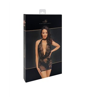 Netzkleid mit abnehmbarer Strasskette und Wildblockdruck | Noir Handmade