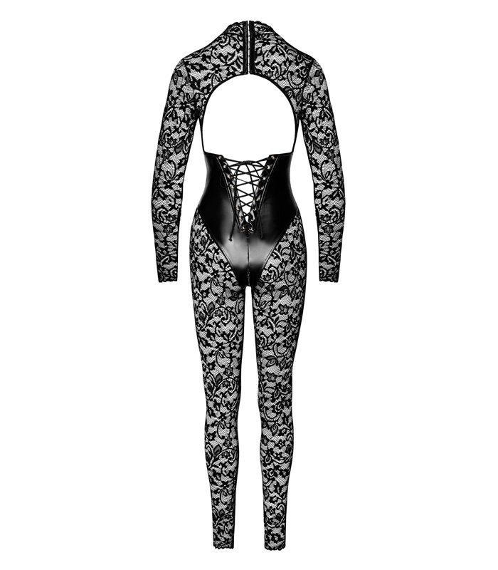 Langärmeliger Spitzen-Catsuit mit Wetlook-Unterbrustmieder | Noir Handmade