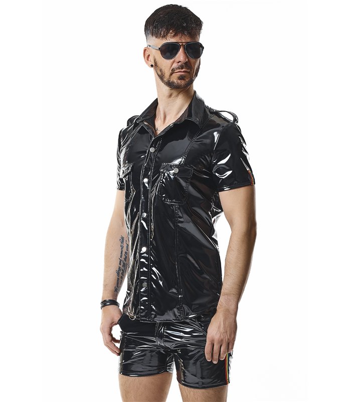 Military Hemd aus Lack-Optik mit LGBTQ+ Details | Regnes Fetish Planet