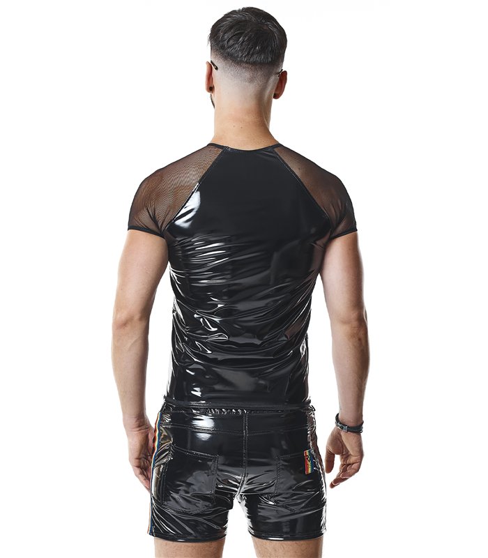 PVC Mesh T-Shirt mit Regenbogen-Patch für Herren | Regnes Fetish Planet