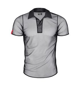 Transparentes Herren Mesh Poloshirt mit vertikalen Steppnähten | Regnes Fetish Planet Transparentes Herren Mesh Poloshirt mit vertikalen Steppnähten | Regnes Fetish Planet