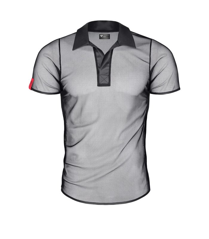 Transparentes Herren Mesh Poloshirt mit vertikalen Steppnähten | Regnes Fetish Planet