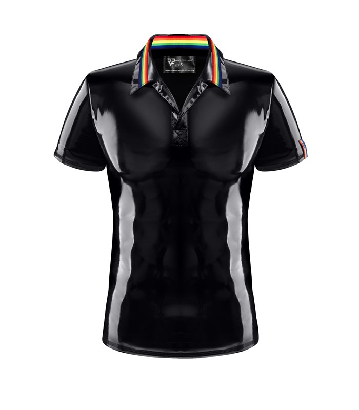 PVC Poloshirt mit Regenbogenfahne und Metallring | Regnes Fetish Planet
