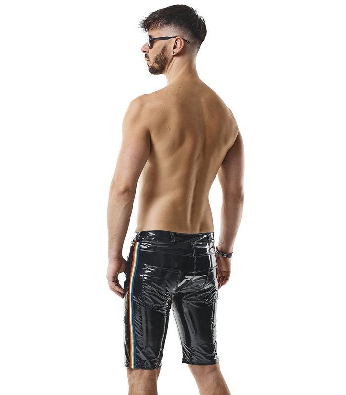 Herren Lack-Shorts mit Regenbogen-Akzent und Taschen | Regnes Fetish Planet