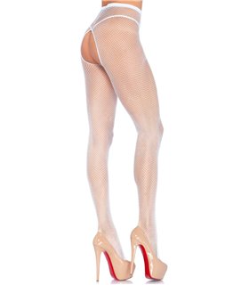 Verführerische Netz-Strumpfhose mit offenem Schritt, Weiß/Schwarz | Leg Avenue