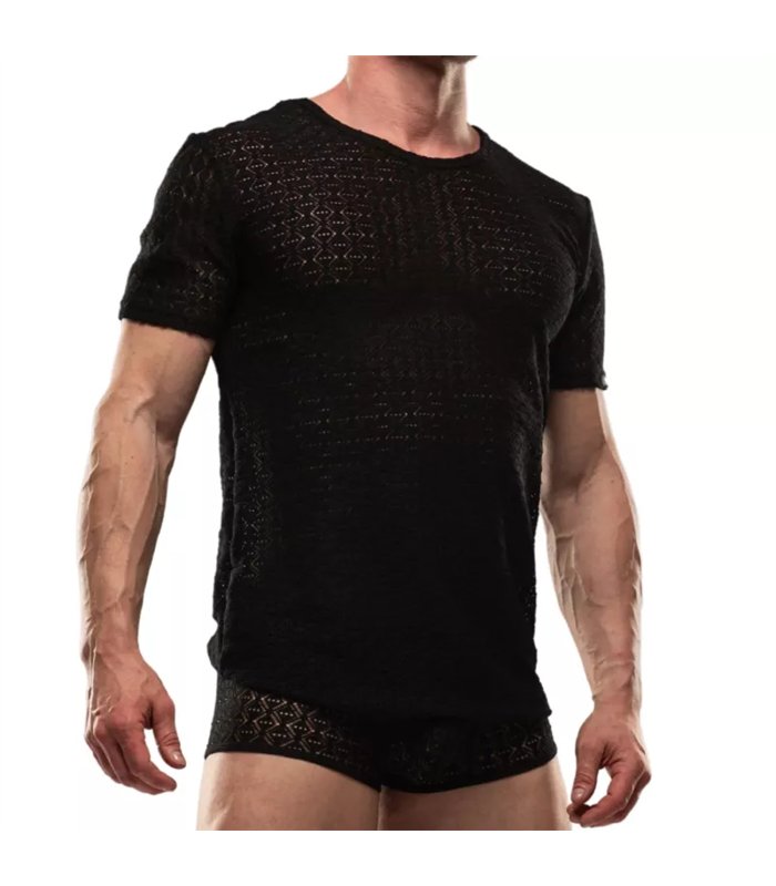 T-Shirt Herren Schwarz Rundhals Spitze Stretch – Leicht & Elegant | TOF Paris