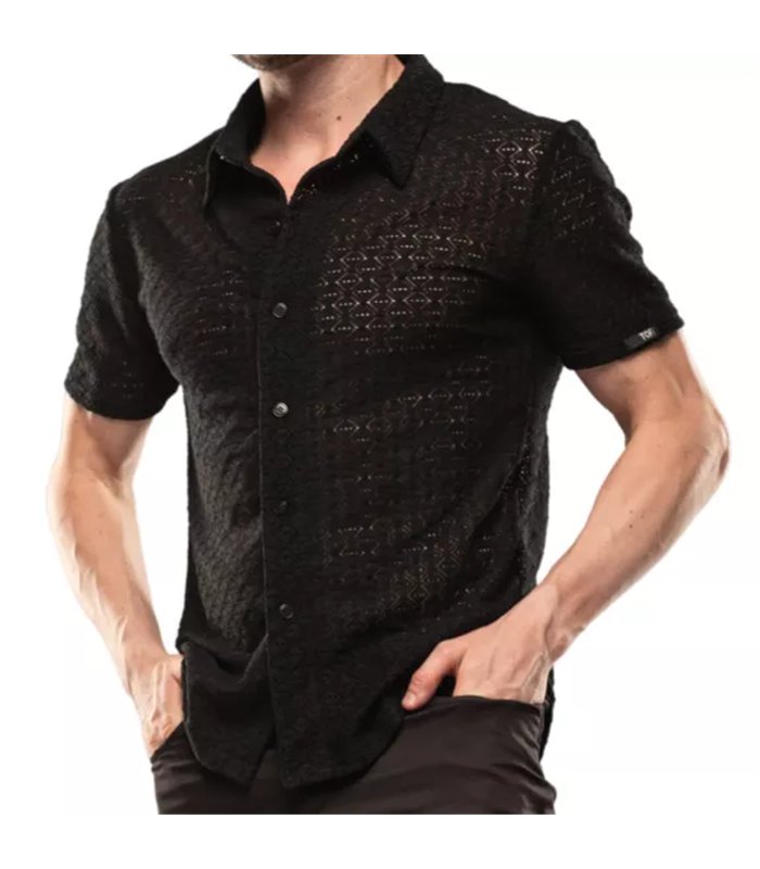 Kurzarm-Hemd Slim Fit mit Stretch-Spitze und Logo in Schwarz | TOF Paris