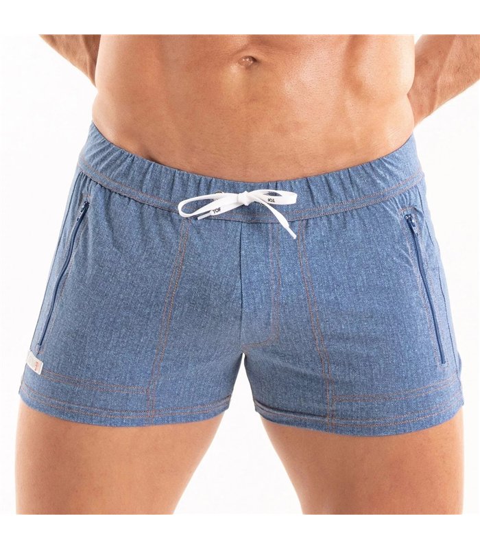 Herren Badeshorts mit Reißverschlusstaschen – Denim-Style Blau | TOF Paris