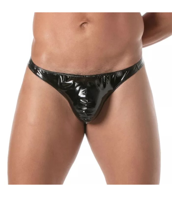 Herren String – Stretch Vinyl, großzügige Fronttasche, schwarz | TOF Paris