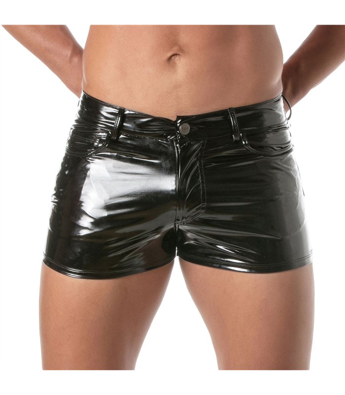 Vinyl Shorts Herren – Mid-Thigh mit 5 praktischen Taschen, glänzend, Schwarz | TOF Paris
