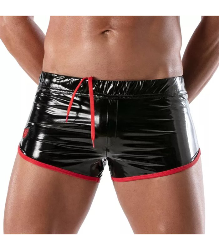 Vinyl Fetish Shorts Herren – Stretch, Reflektierend & Verstellbar, Schwarz - Rot | TOF Paris