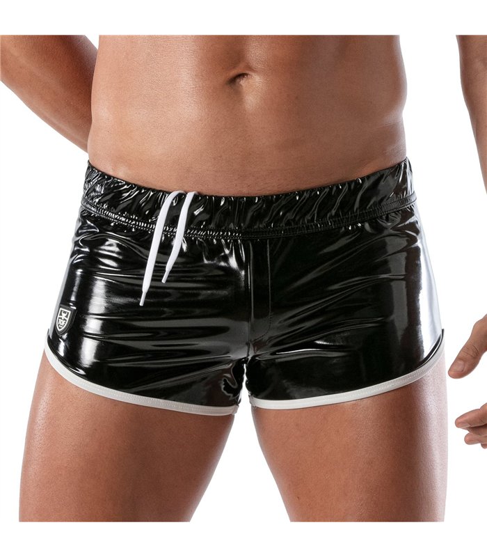 Vinyl Fetish Shorts Herren – Stretch & Reflektierende Details Schwarz Weiß | TOF Paris