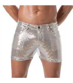 Herren Glitzer Shorts Silber – 5 Taschen, Mid-Thigh & Figurbetont | TOF Paris