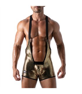 Body Singlet mit Glitzerstoff, elastischen Trägern & Taschen - Gold | TOF