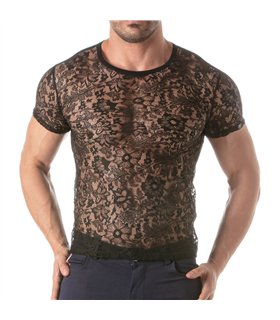 Herren T-Shirt aus floraler Spitze – elegant & körperbetont, schwarz | TOF Paris