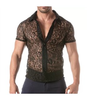 Herren Spitzen-Shortsleeve Shirt mit Satin-Kragen, schwarz | TOF Paris