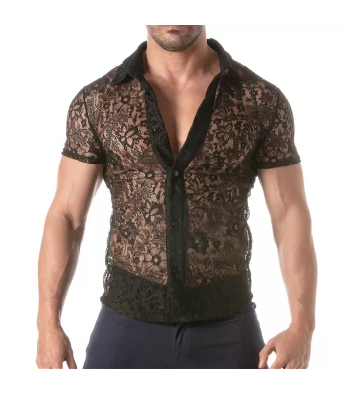 Herren Spitzen-Shortsleeve Shirt mit Satin-Kragen, schwarz | TOF Paris