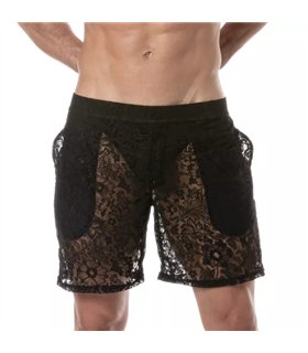 Long Lace Shorts Herren – Semi-transparent, mit tiefen Taschen, Schwarz | TOF Paris
