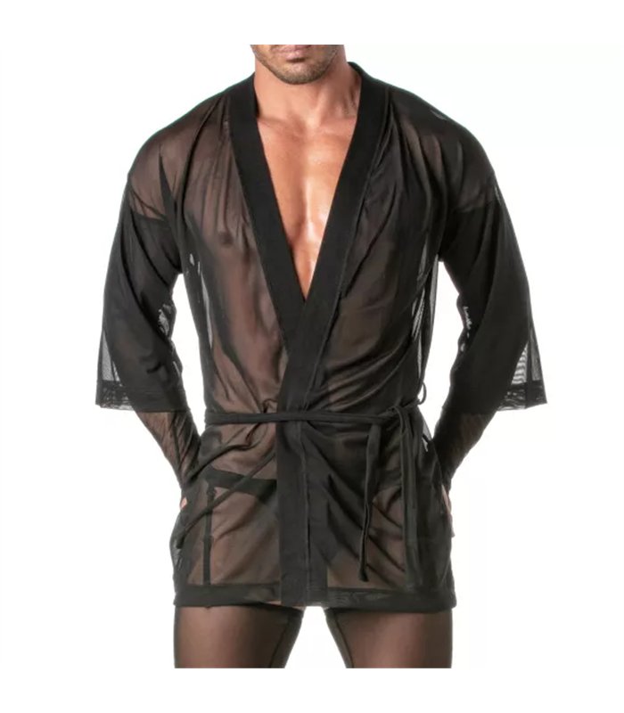 Kimono-Top aus Mesh – Transparenter Komfort mit Taillengürtel, Schwarz | TOF Paris
