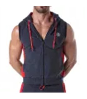 Ärmellose Kapuzenweste Marineblau – Stretch, Reißverschluss & Seitestreifen | TOF Paris