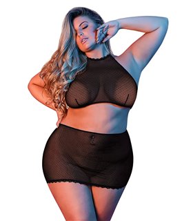 Polka Dot Mesh Halter & Skirt Set - Black - S/M