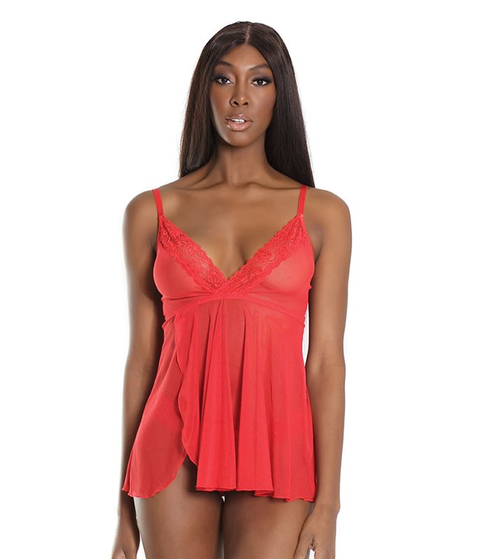 Trim Babydoll And Thong - Red