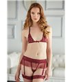 Lace and Mesh Bra and Garter G-string - Burgundy